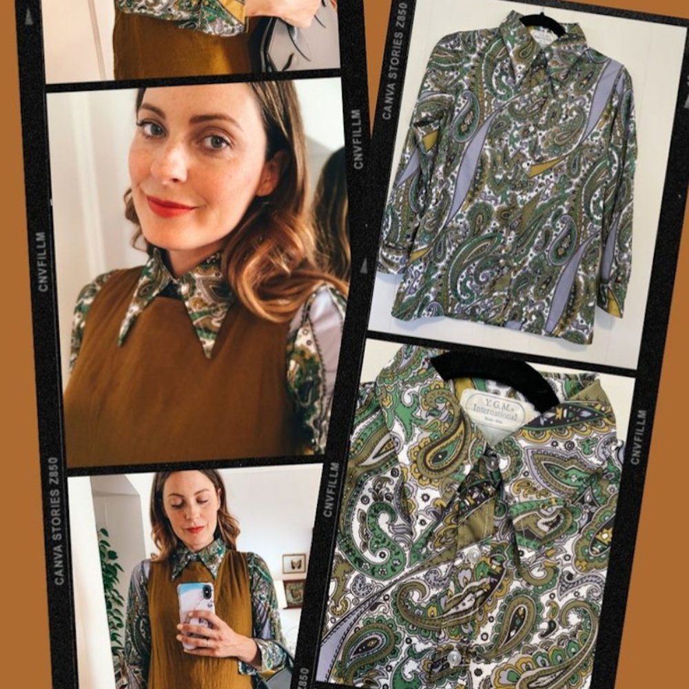 Vintage Green & Grey Paisley 70's Blouse
